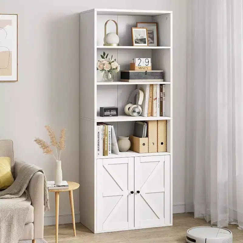 Étagère de style campagnard en bois blanc avec portes - 4 étagères, 30 cm de profondeur, 181 cm de hauteur - pour salon, chambre ou bureau