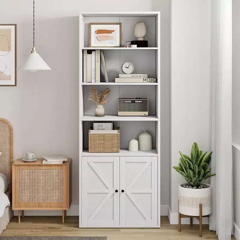 Étagère de style campagnard en bois blanc avec portes - 4 étagères, 30 cm de profondeur, 181 cm de hauteur - pour salon, chambre ou bureau