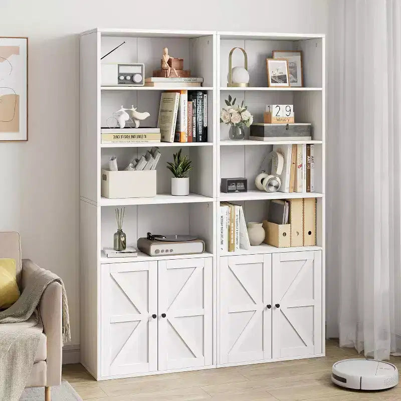 Étagère de style campagnard en bois blanc avec portes - 4 étagères, 30 cm de profondeur, 181 cm de hauteur - pour salon, chambre ou bureau