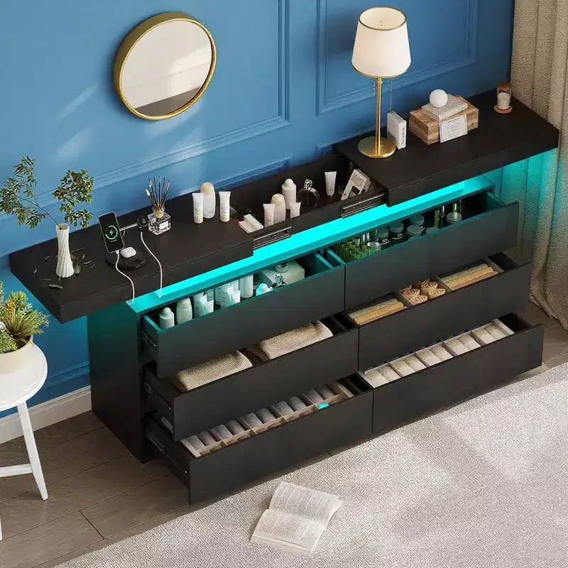 Dyonery 9 Drawer Dresser with Power Outlet,Dresser with LED Light,Modern Chest of Drawers for Closet,Double Wide Drawer Organizer Cabinet for Room