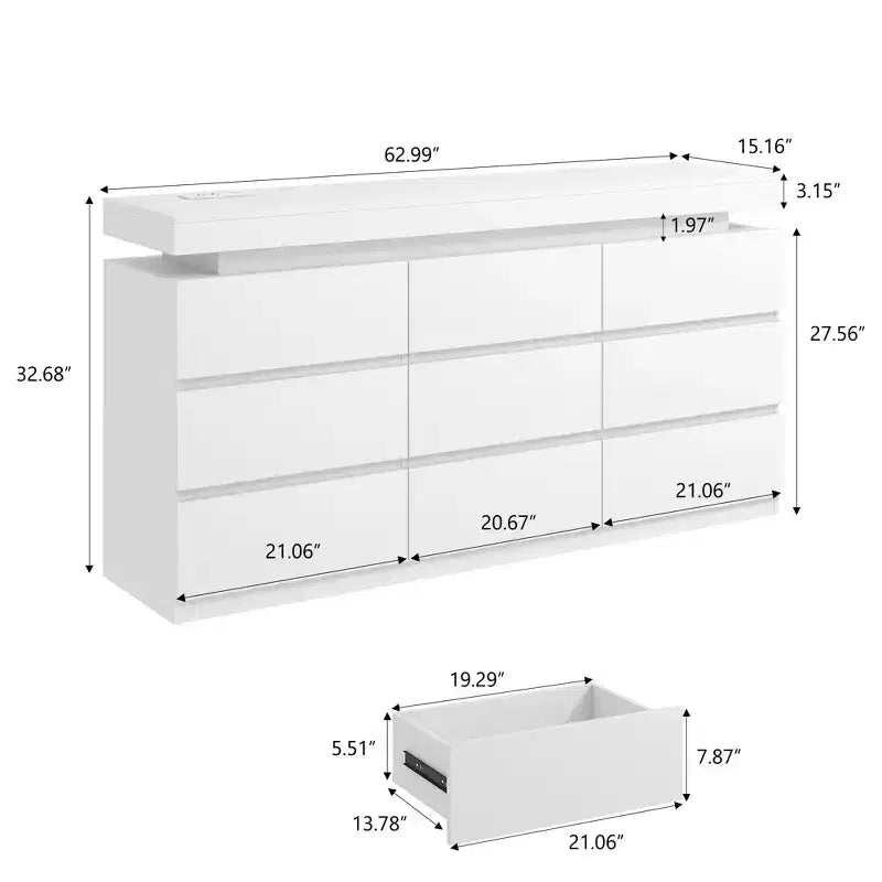 Commode à 9 tiroirs avec prise de courant, Commode avec lumières LED, Commode de rangement moderne pour placard, Armoire de rangement double largeur pour chambre