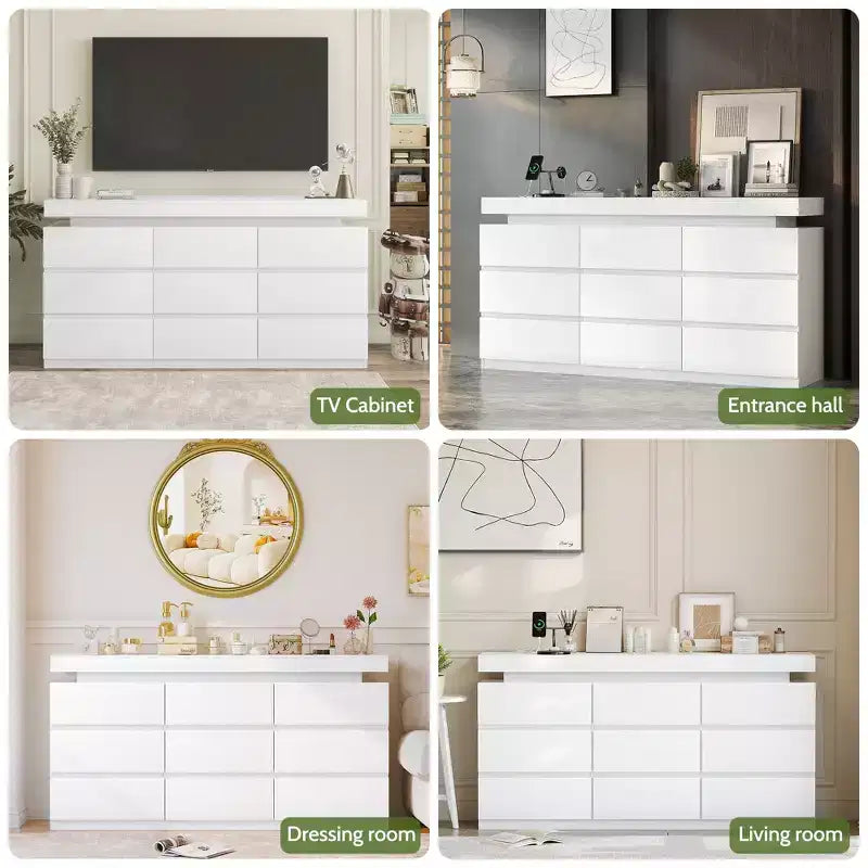 Commode à 9 tiroirs avec prise de courant, Commode avec lumières LED, Commode de rangement moderne pour placard, Armoire de rangement double largeur pour chambre