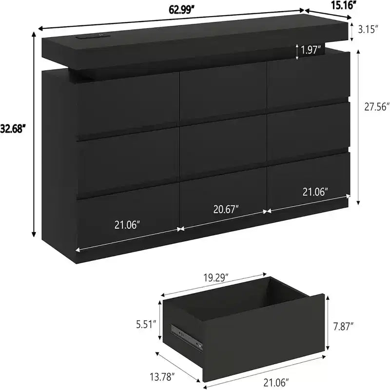 Commode à 9 tiroirs avec prise de courant, Commode avec lumières LED, Commode de rangement moderne pour placard, Armoire de rangement double largeur pour chambre