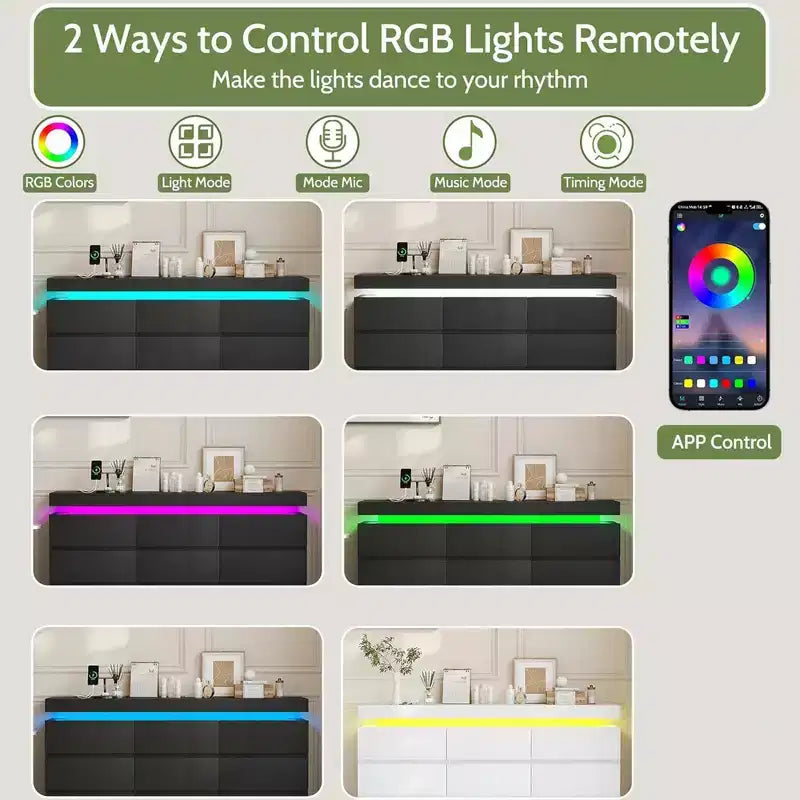 Commode à 9 tiroirs avec prise de courant, Commode avec lumières LED, Commode de rangement moderne pour placard, Armoire de rangement double largeur pour chambre