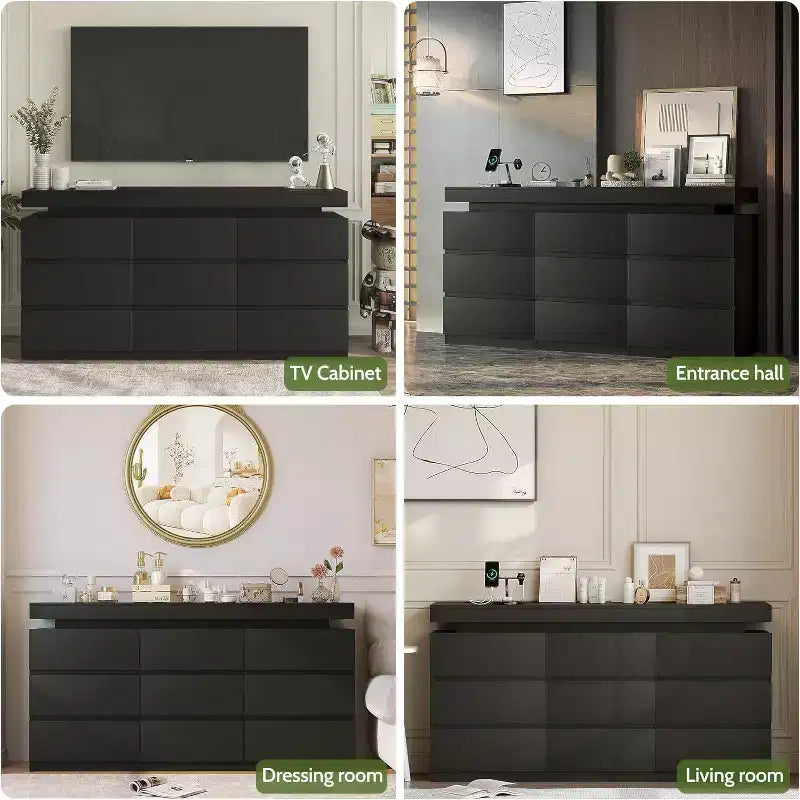 Commode à 9 tiroirs avec prise de courant, Commode avec lumières LED, Commode de rangement moderne pour placard, Armoire de rangement double largeur pour chambre
