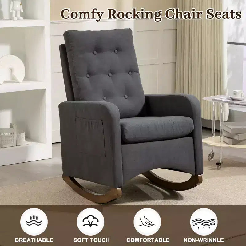 Fauteuil à bascule rembourré, fauteuil d'appoint confortable en tissu avec pieds en bois d'hévéa, dossier haut et poche latérale pour salon