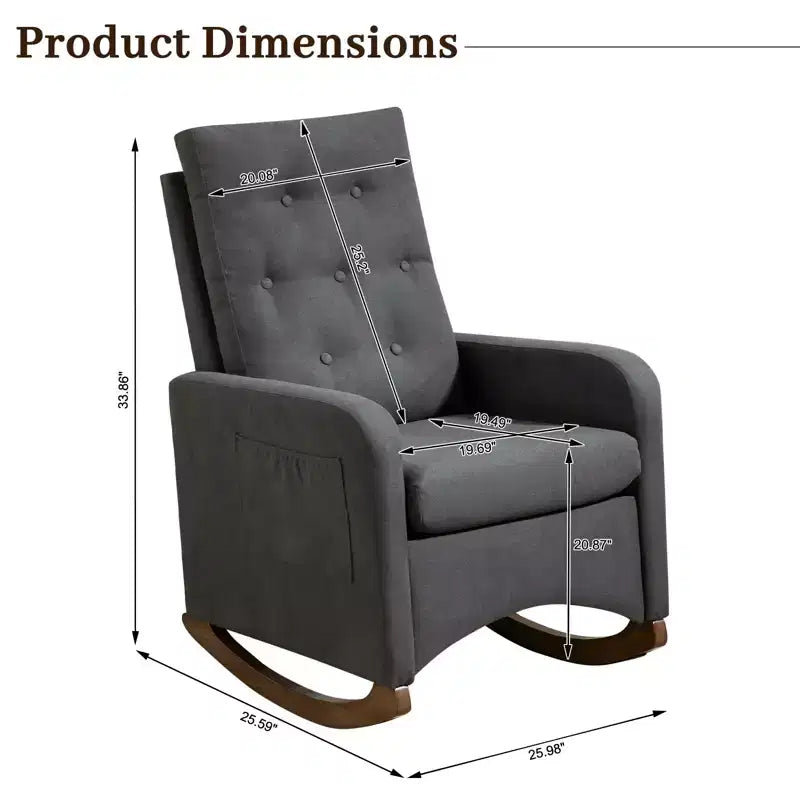 Fauteuil à bascule rembourré, fauteuil d'appoint confortable en tissu avec pieds en bois d'hévéa, dossier haut et poche latérale pour salon