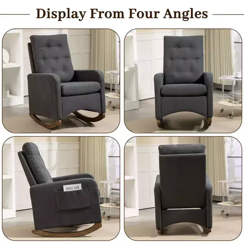 Fauteuil à bascule rembourré, fauteuil d'appoint confortable en tissu avec pieds en bois d'hévéa, dossier haut et poche latérale pour salon