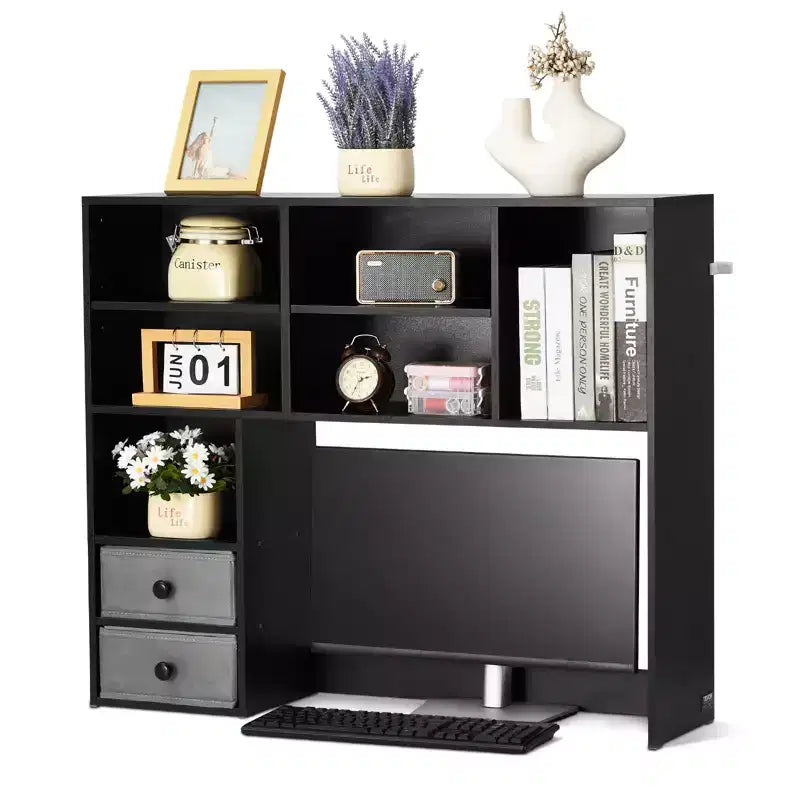 VEVOR Desktop Bookshelf, 3-Tier Desktop Storage Organizer, 37 x 10 x 31.1 Office Storage Rack Wood Display Shelf, Desktop Bookshelf Hutch, Black