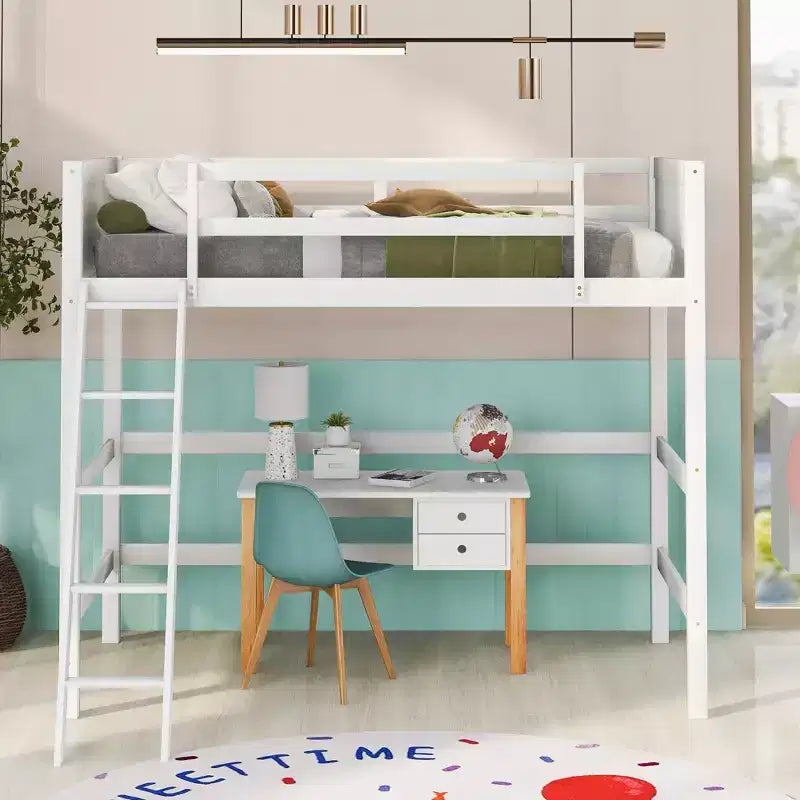 Lit mezzanine simple avec échelle, cadre de lit mezzanine en bois pour enfants, adolescents et adultes