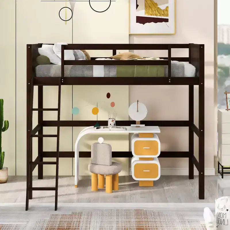 Lit mezzanine simple avec échelle, cadre de lit mezzanine en bois pour enfants, adolescents et adultes