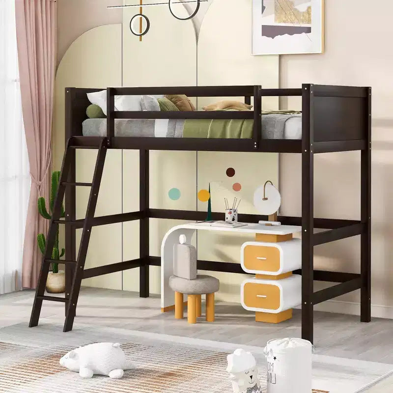 Twin Size Loft Bed with Ladder, Wooden Loft Bed Frame for Kids Teens Adults