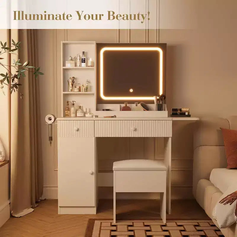 Coiffeuse avec miroir et lumières, table de maquillage avec tiroirs, armoire et tabouret de rangement, coiffeuse pour chambre à coucher, blanc