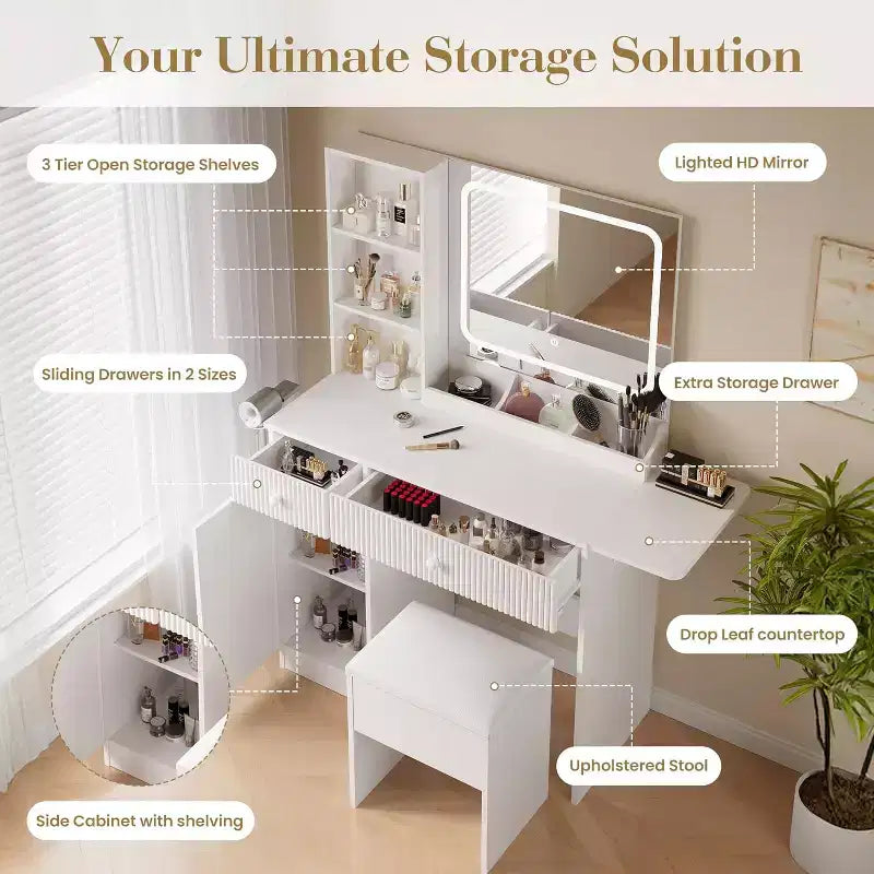 Coiffeuse avec miroir et lumières, table de maquillage avec tiroirs, armoire et tabouret de rangement, coiffeuse pour chambre à coucher, blanc