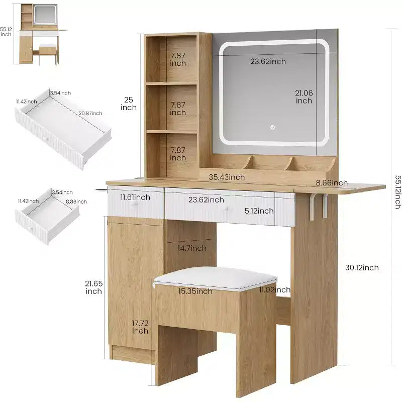Coiffeuse avec miroir et lumières, table de maquillage avec tiroirs, armoire et tabouret de rangement, coiffeuse pour chambre à coucher, blanc