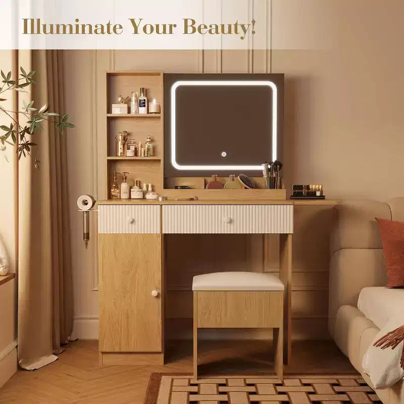 Coiffeuse avec miroir et lumières, table de maquillage avec tiroirs, armoire et tabouret de rangement, coiffeuse pour chambre à coucher, blanc