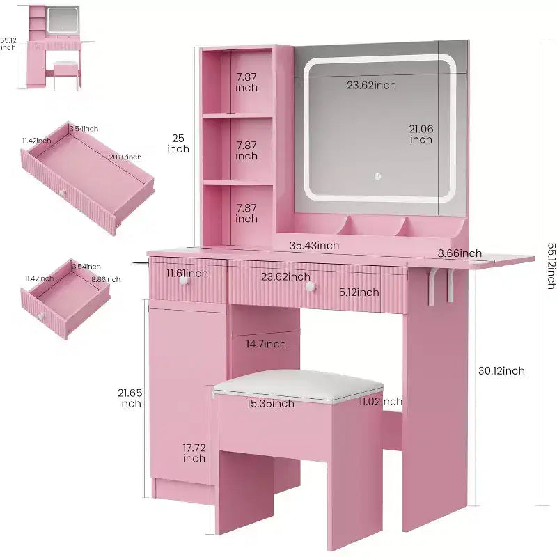 Coiffeuse avec miroir et lumières, table de maquillage avec tiroirs, armoire et tabouret de rangement, coiffeuse pour chambre à coucher, blanc