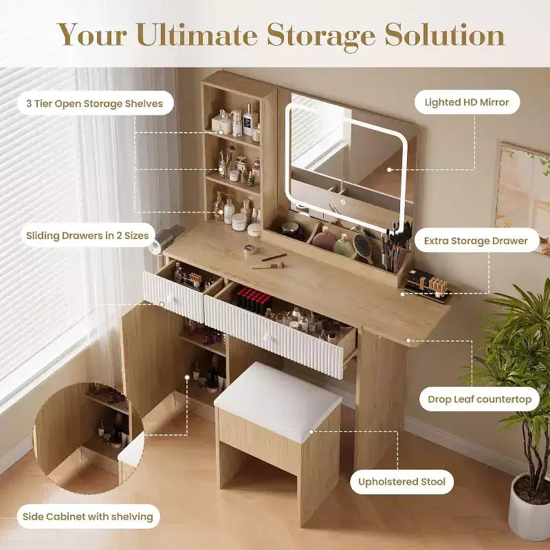Coiffeuse avec miroir et lumières, table de maquillage avec tiroirs, armoire et tabouret de rangement, coiffeuse pour chambre à coucher, blanc
