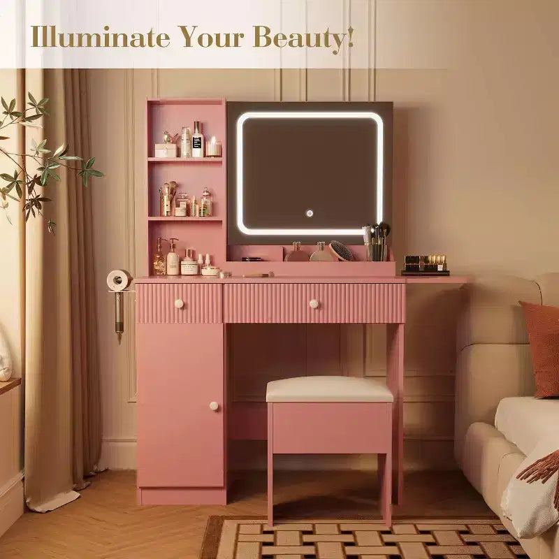 Coiffeuse avec miroir et lumières, table de maquillage avec tiroirs, armoire et tabouret de rangement, coiffeuse pour chambre à coucher, blanc