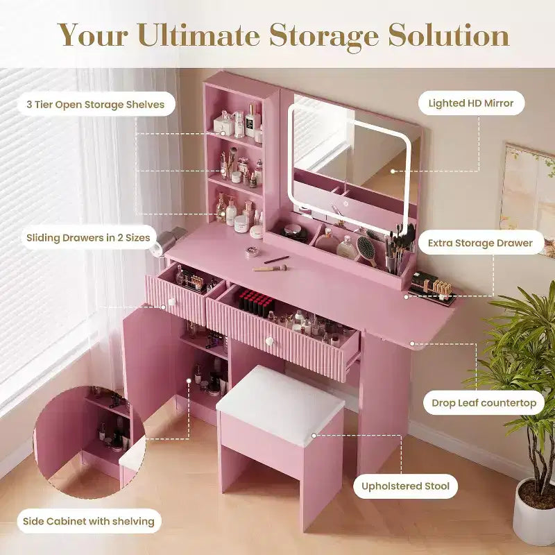 Coiffeuse avec miroir et lumières, table de maquillage avec tiroirs, armoire et tabouret de rangement, coiffeuse pour chambre à coucher, blanc