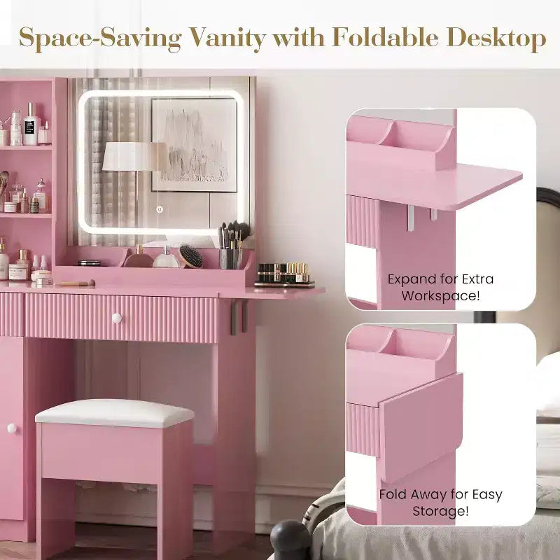 Coiffeuse avec miroir et lumières, table de maquillage avec tiroirs, armoire et tabouret de rangement, coiffeuse pour chambre à coucher, blanc