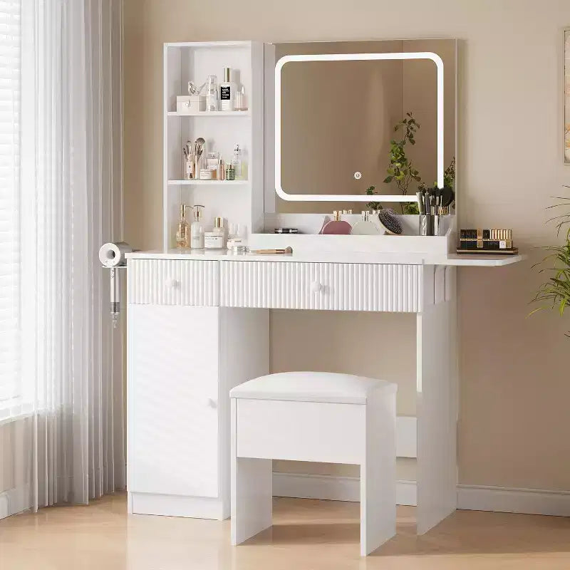 Coiffeuse avec miroir et lumières, table de maquillage avec tiroirs, armoire et tabouret de rangement, coiffeuse pour chambre à coucher, blanc