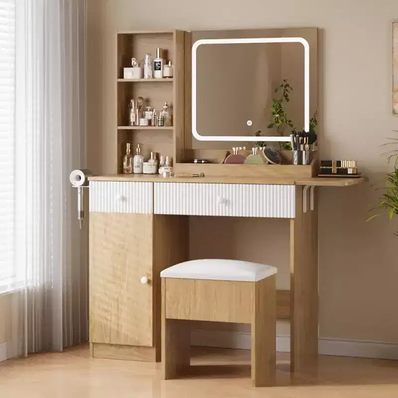 Coiffeuse avec miroir et lumières, table de maquillage avec tiroirs, armoire et tabouret de rangement, coiffeuse pour chambre à coucher, blanc