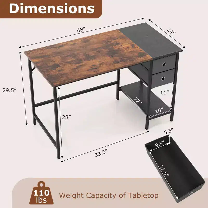 Bureau d'ordinateur 122 cm avec rangement, crochet pour casque, étagère et 2 tiroirs