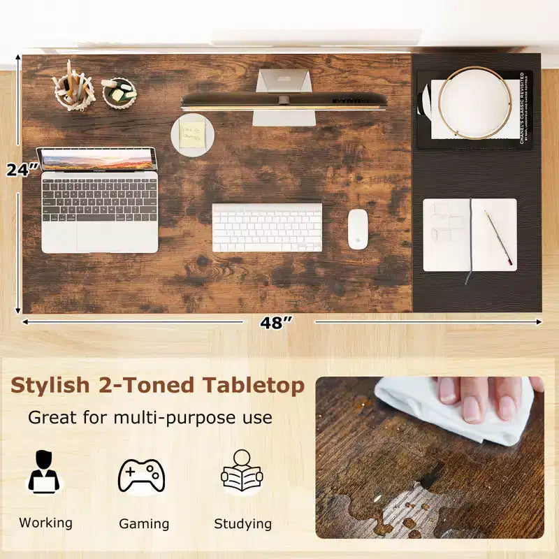 Bureau d'ordinateur 122 cm avec rangement, crochet pour casque, étagère et 2 tiroirs