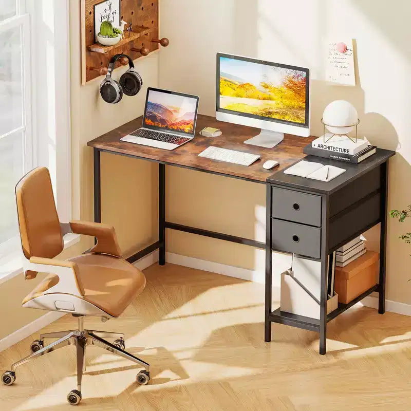 Bureau d'ordinateur 122 cm avec rangement, crochet pour casque, étagère et 2 tiroirs