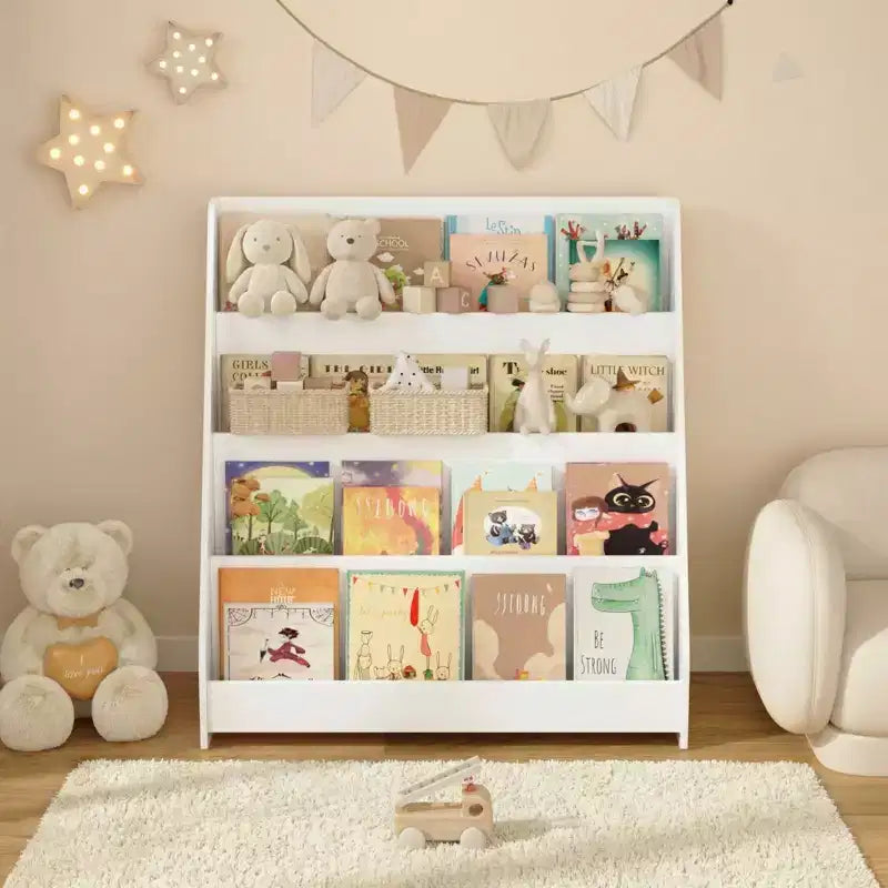 JVNOXK 4-Tier Kids Storage Shelf, Toddler Toy & Book Organizer, for Bedroom Playroom Classroom, White