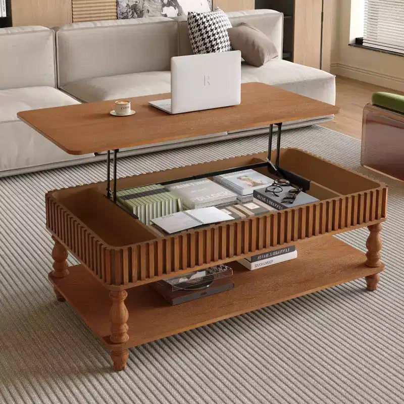 47.24 Table Basse Marron Vintage à Plateau Relevable, Bois Massif, Assemblage sans Outils, Détails Cannelés et Pieds Romains Massifs, Bureau Classique à Plateau Relevable