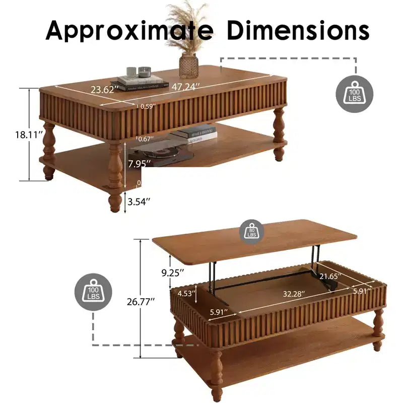 47.24 Table Basse Marron Vintage à Plateau Relevable, Bois Massif, Assemblage sans Outils, Détails Cannelés et Pieds Romains Massifs, Bureau Classique à Plateau Relevable