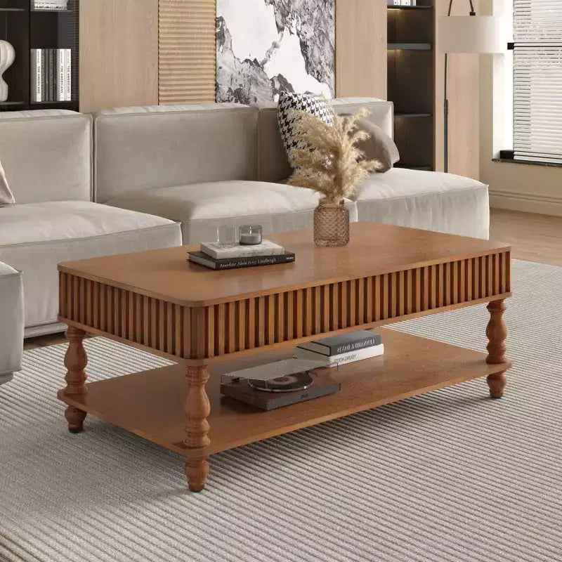 47.24 Table Basse Marron Vintage à Plateau Relevable, Bois Massif, Assemblage sans Outils, Détails Cannelés et Pieds Romains Massifs, Bureau Classique à Plateau Relevable