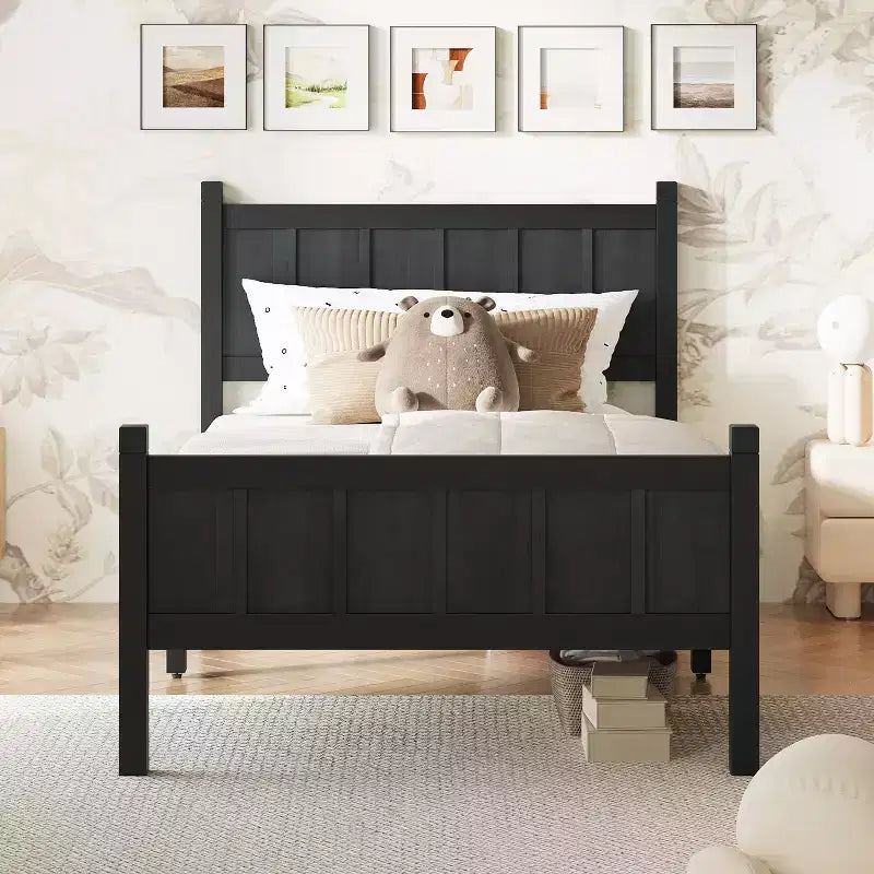Twin Flat Panel Platform Bed with Headboard and Footboard, Wood Grain Shaker Farmhouse Bed Frame, Black