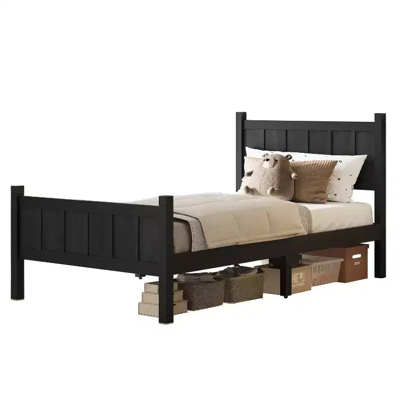 Lit plateforme jumeau à panneaux plats avec tête et pied de lit, cadre de lit de ferme Shaker au grain de bois, noir