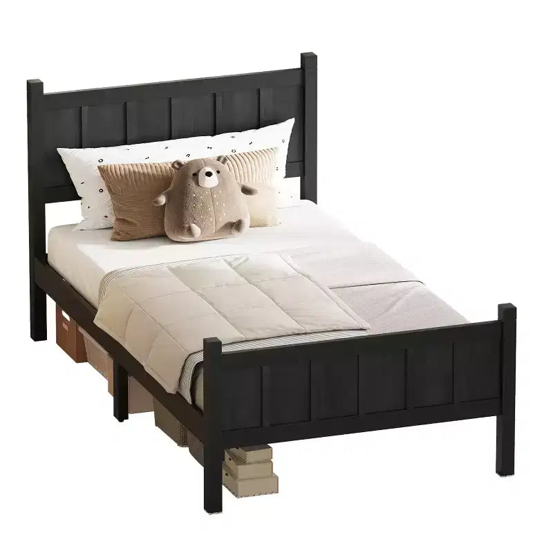 Lit plateforme jumeau à panneaux plats avec tête et pied de lit, cadre de lit de ferme Shaker au grain de bois, noir