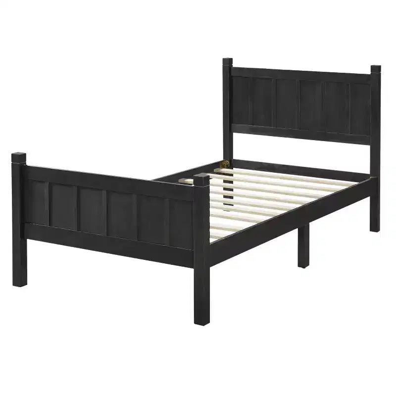 Lit plateforme jumeau à panneaux plats avec tête et pied de lit, cadre de lit de ferme Shaker au grain de bois, noir