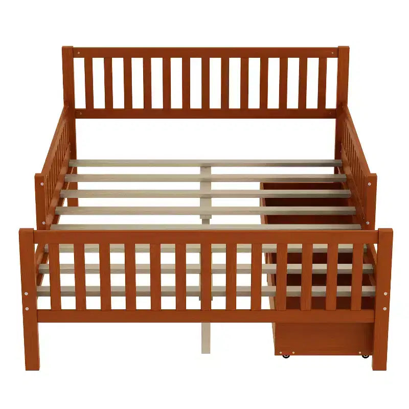 Lit plateforme tout en bois avec barrières de sécurité et 2 tiroirs de rangement, Noyer