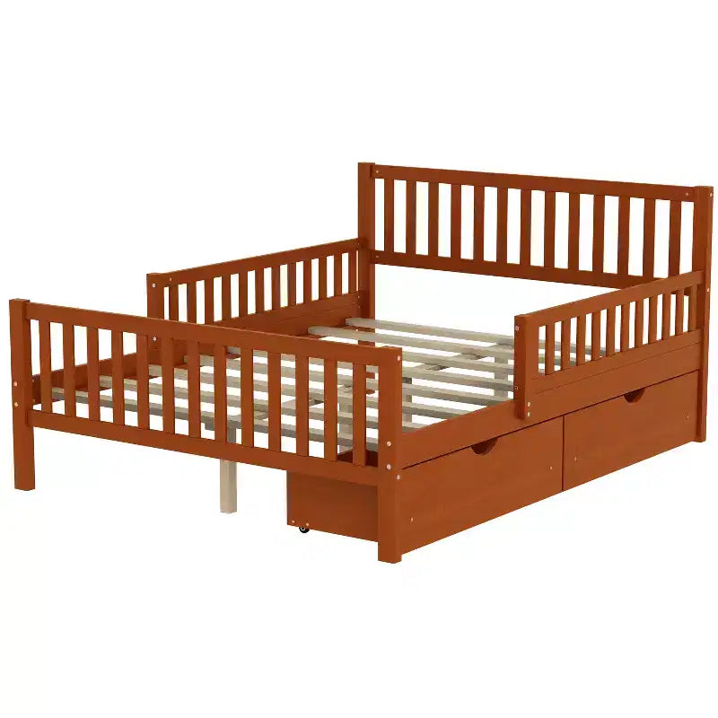 Lit plateforme tout en bois avec barrières de sécurité et 2 tiroirs de rangement, Noyer
