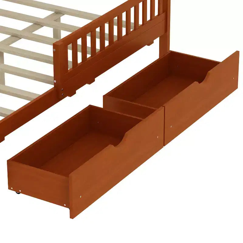 Lit plateforme tout en bois avec barrières de sécurité et 2 tiroirs de rangement, Noyer