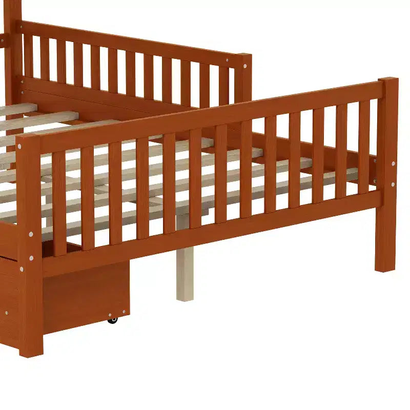 Lit plateforme tout en bois avec barrières de sécurité et 2 tiroirs de rangement, Noyer