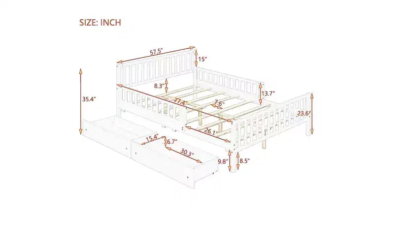 Lit plateforme tout en bois avec barrières de sécurité et 2 tiroirs de rangement, Noyer