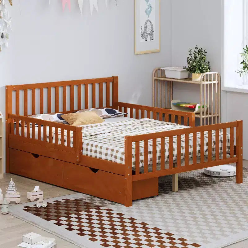Lit plateforme tout en bois avec barrières de sécurité et 2 tiroirs de rangement, Noyer