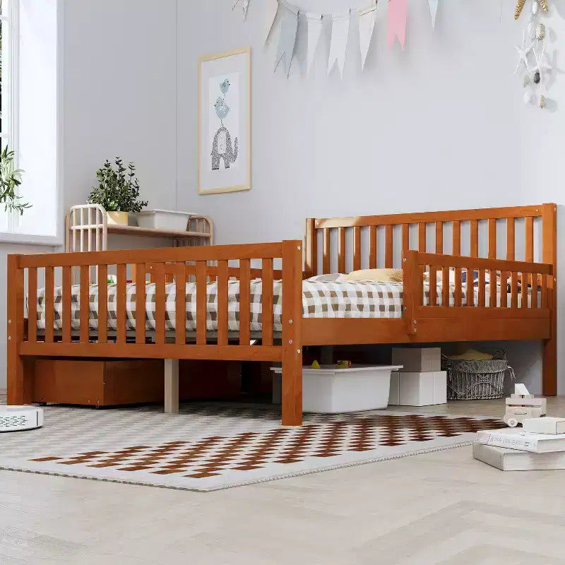 Lit plateforme tout en bois avec barrières de sécurité et 2 tiroirs de rangement, Noyer