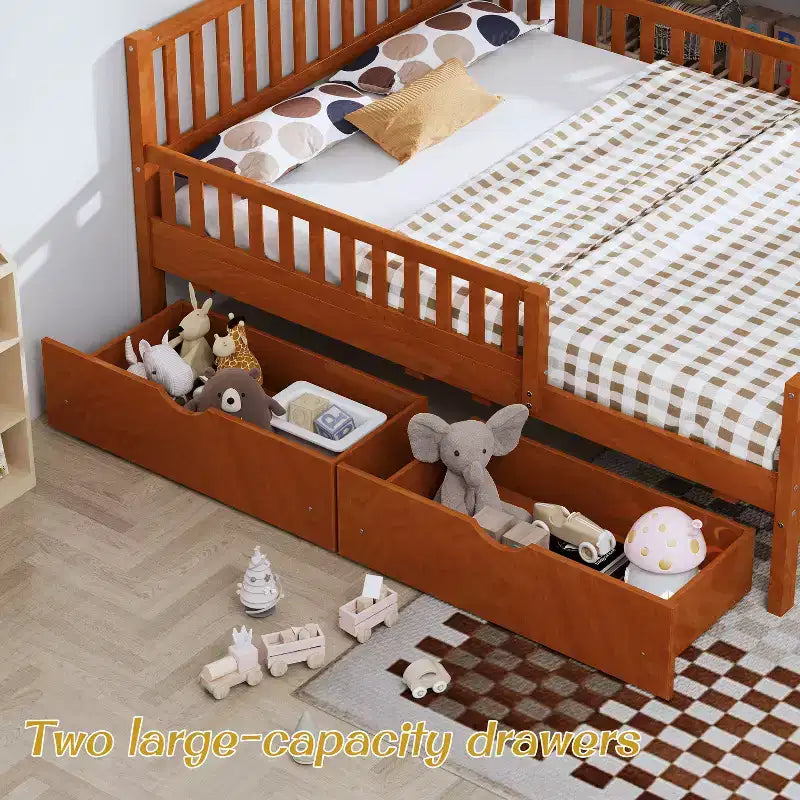 Lit plateforme tout en bois avec barrières de sécurité et 2 tiroirs de rangement, Noyer