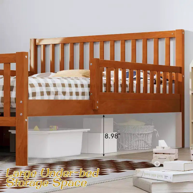 Lit plateforme tout en bois avec barrières de sécurité et 2 tiroirs de rangement, Noyer