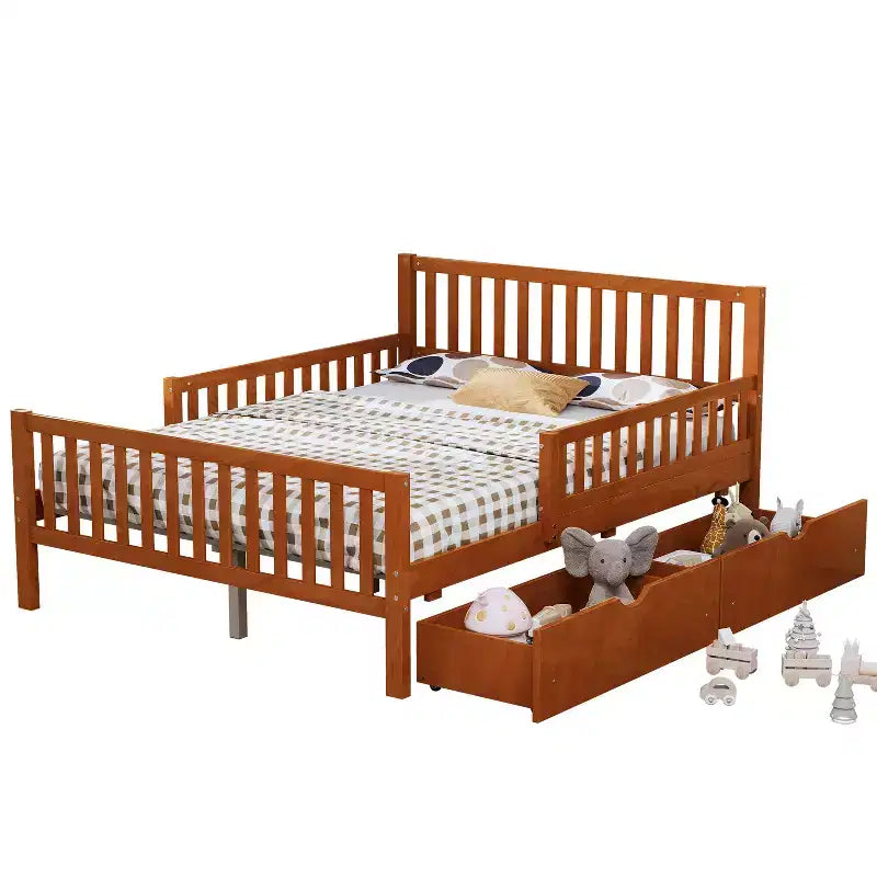 Lit plateforme tout en bois avec barrières de sécurité et 2 tiroirs de rangement, Noyer
