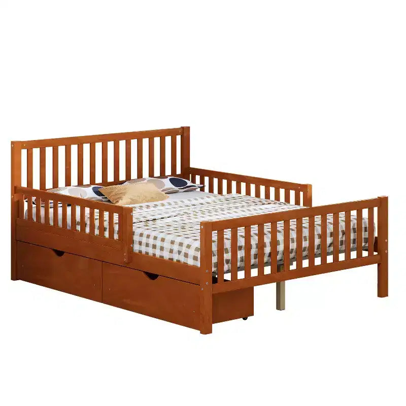 Lit plateforme tout en bois avec barrières de sécurité et 2 tiroirs de rangement, Noyer