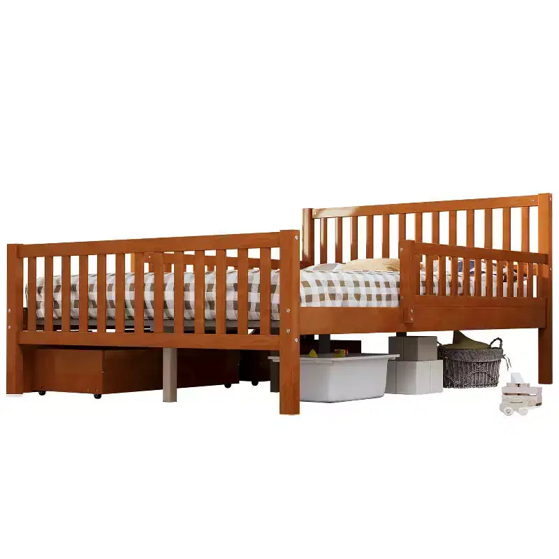 Lit plateforme tout en bois avec barrières de sécurité et 2 tiroirs de rangement, Noyer